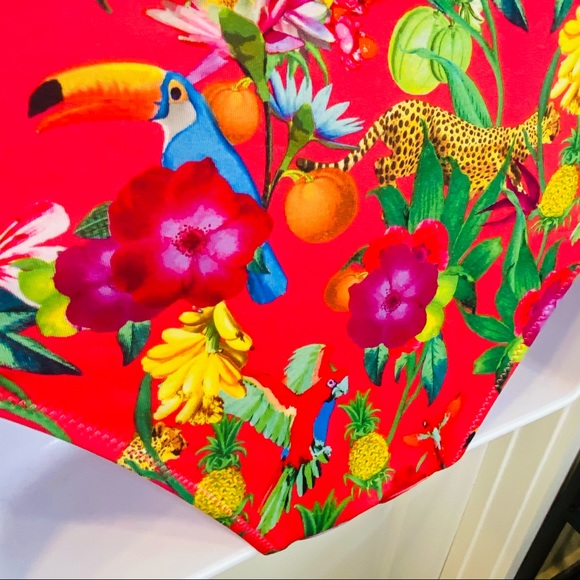 Hot Coral Pink Tropical Print 2 pc Bathing Suit 8 - Picture 14 of 14